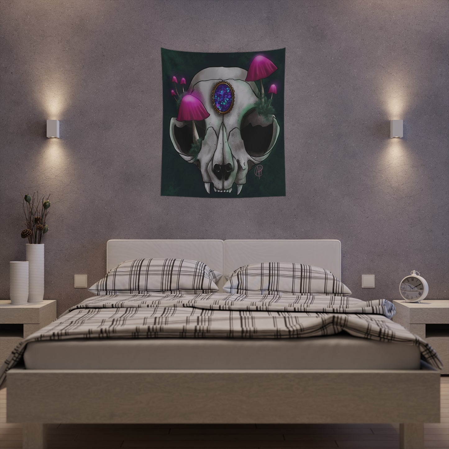 Mushroom Cat Skull Printed Wall Tapestry