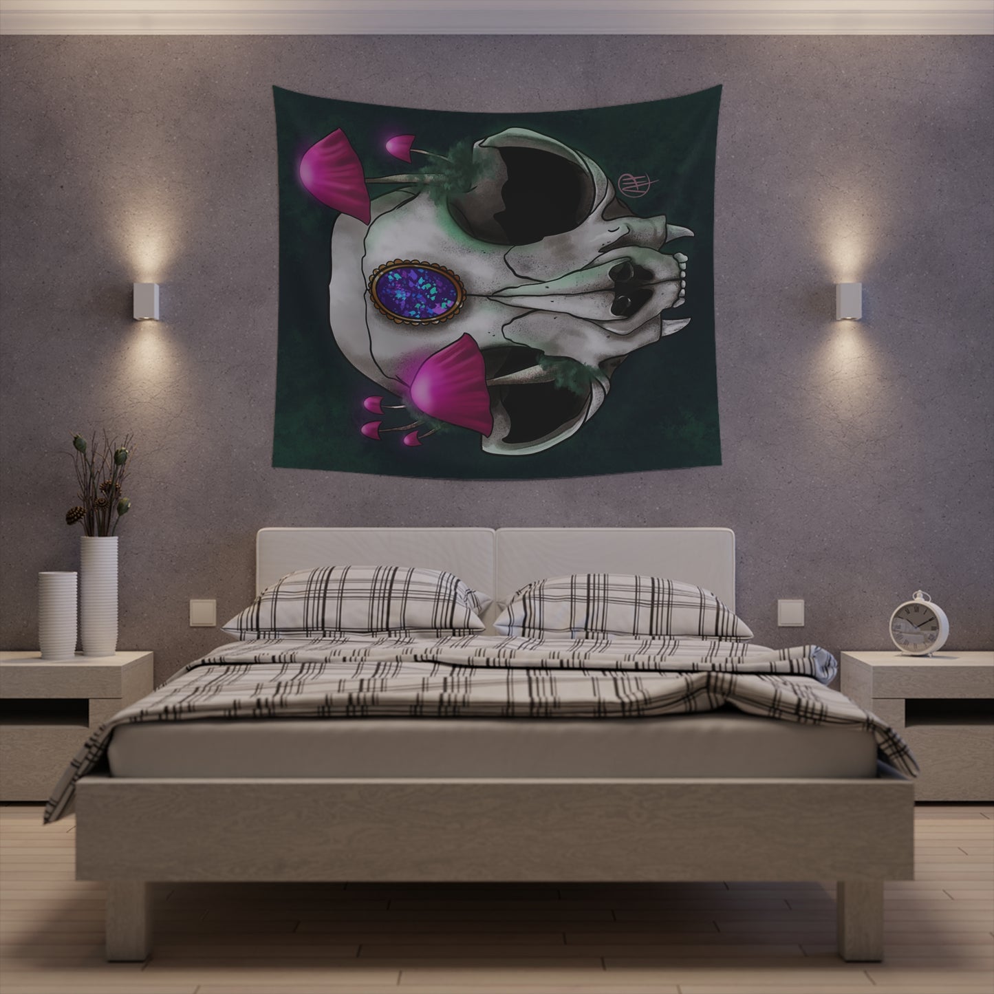 Mushroom Cat Skull Printed Wall Tapestry