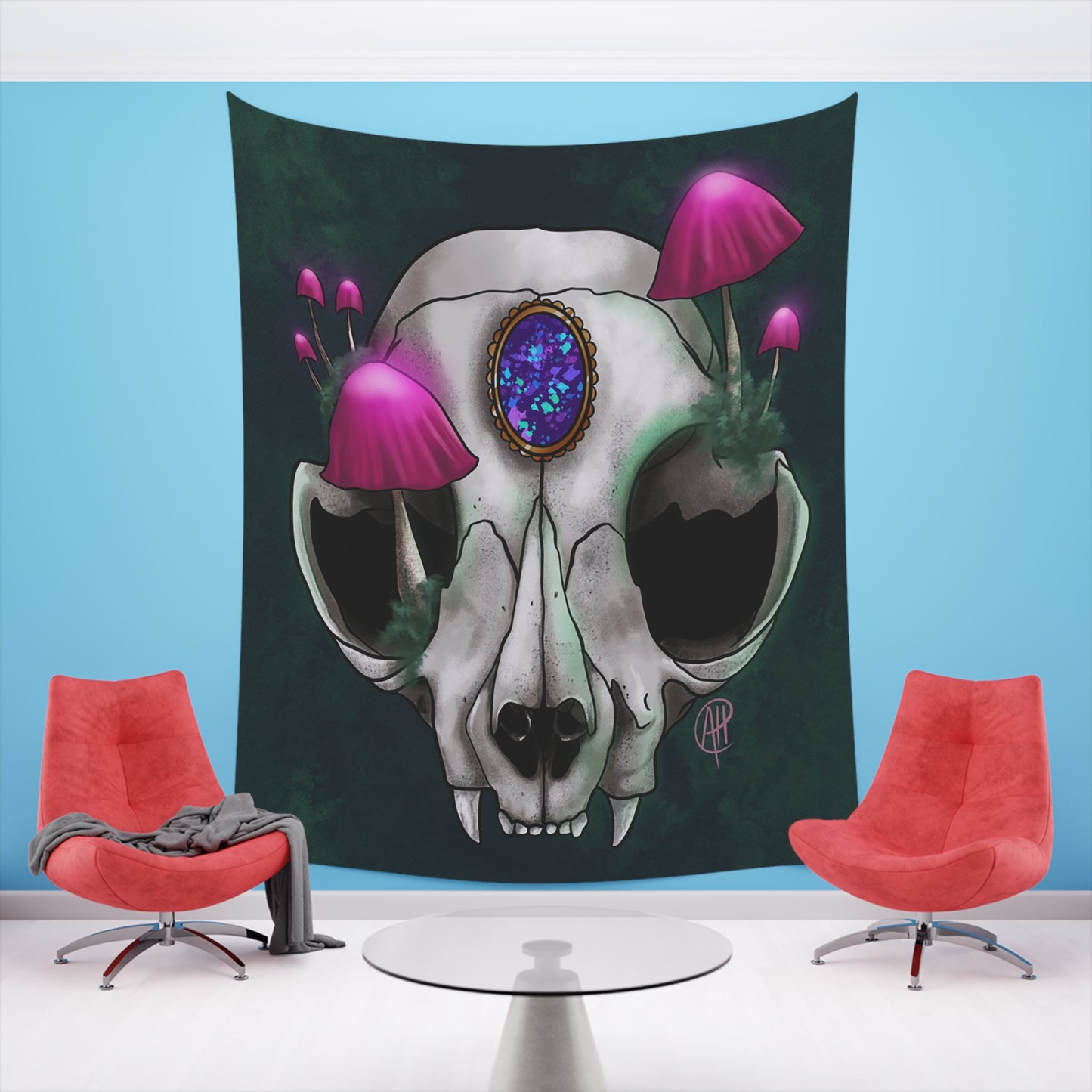 Mushroom Cat Skull Printed Wall Tapestry