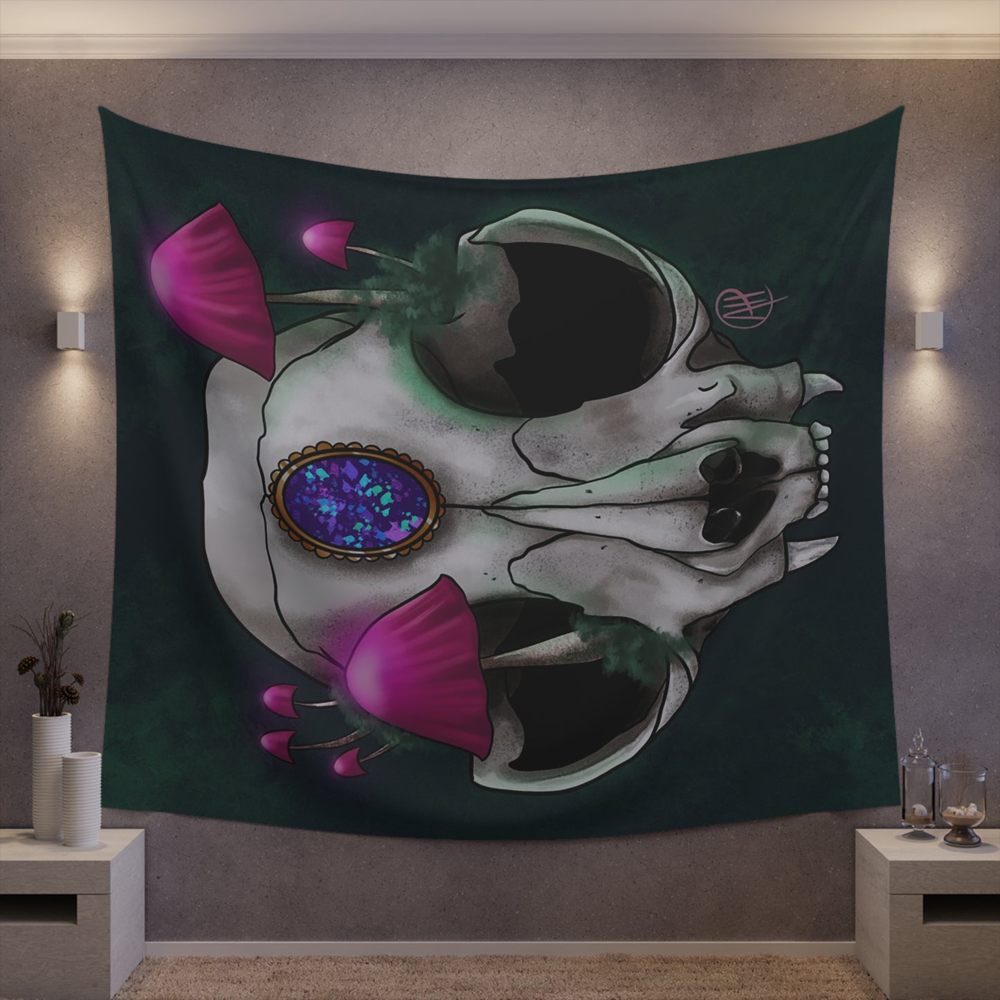 Mushroom Cat Skull Printed Wall Tapestry