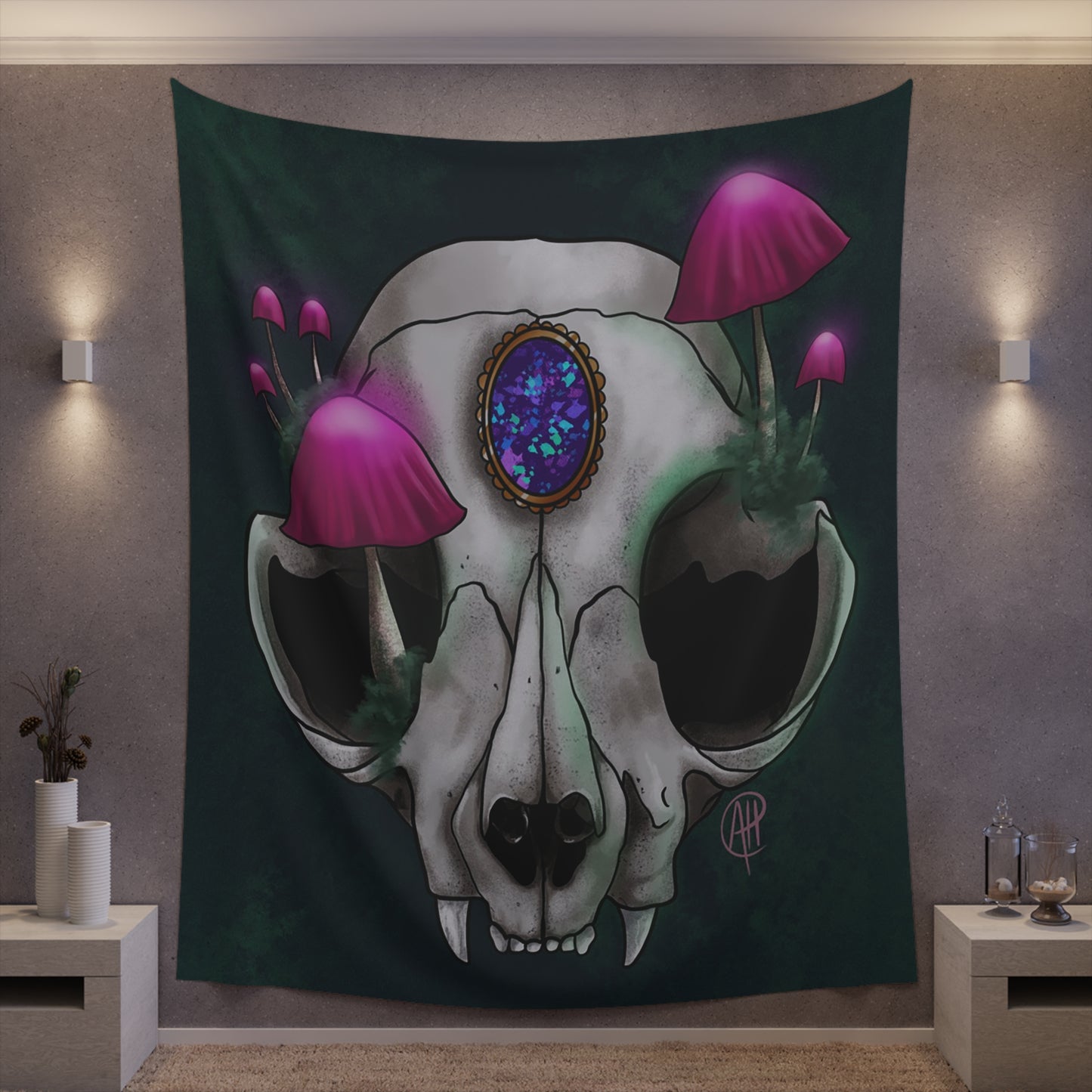 Mushroom Cat Skull Printed Wall Tapestry