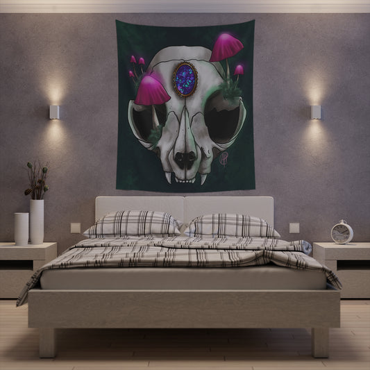 Mushroom Cat Skull Printed Wall Tapestry