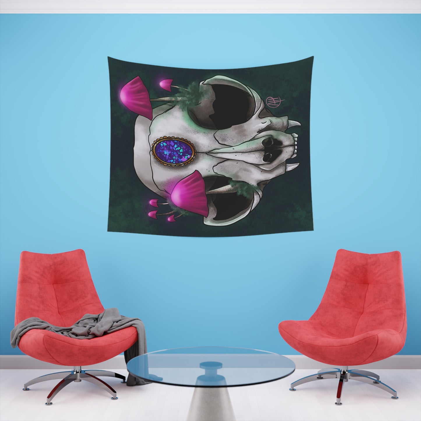 Mushroom Cat Skull Printed Wall Tapestry