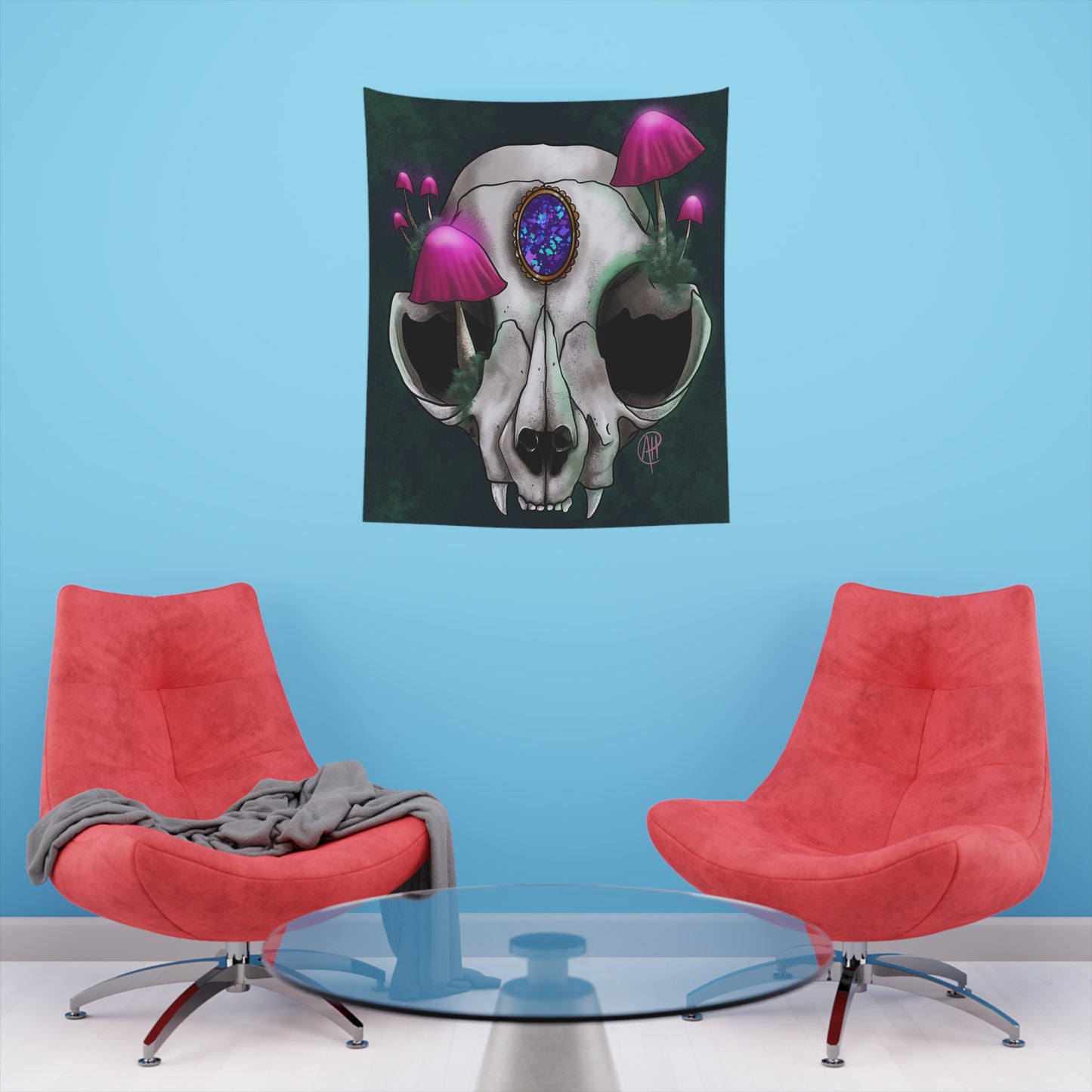 Mushroom Cat Skull Printed Wall Tapestry