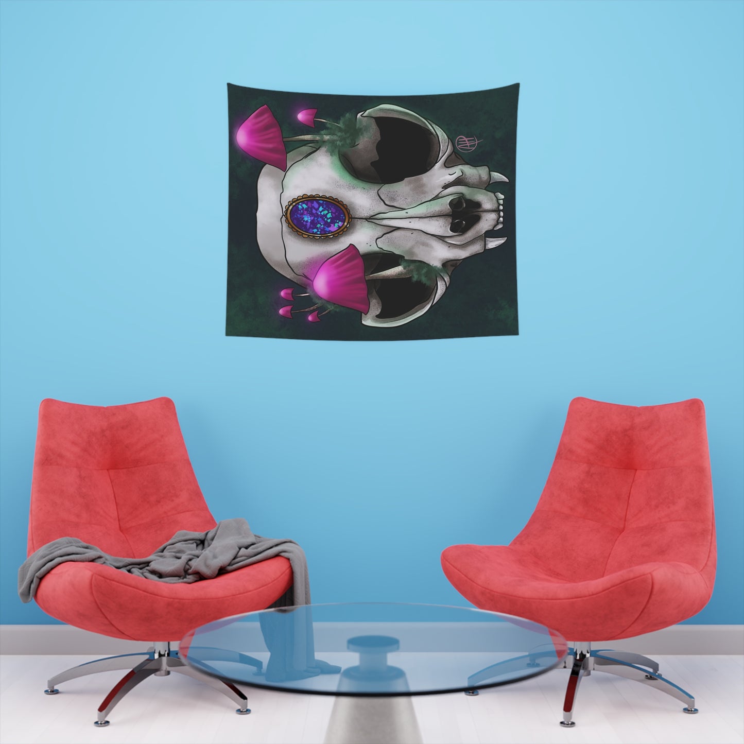 Mushroom Cat Skull Printed Wall Tapestry