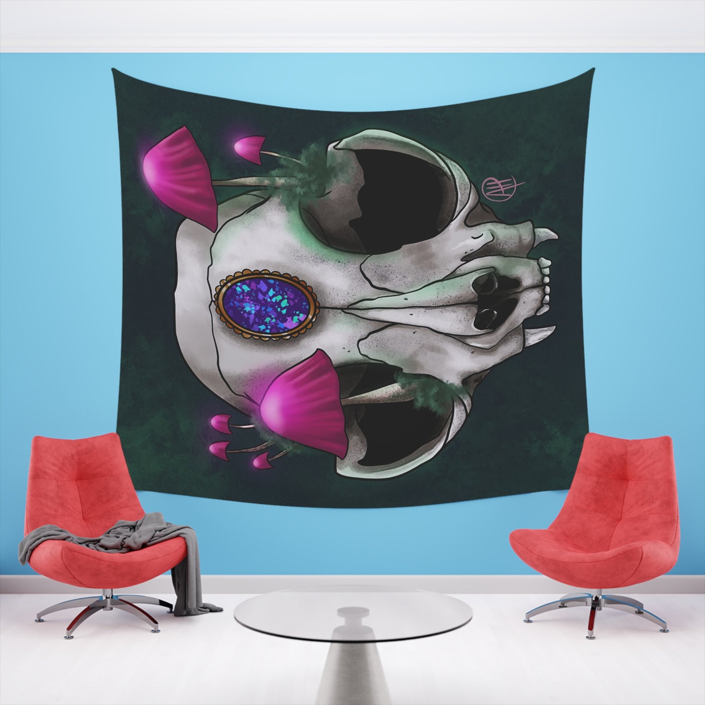 Mushroom Cat Skull Printed Wall Tapestry