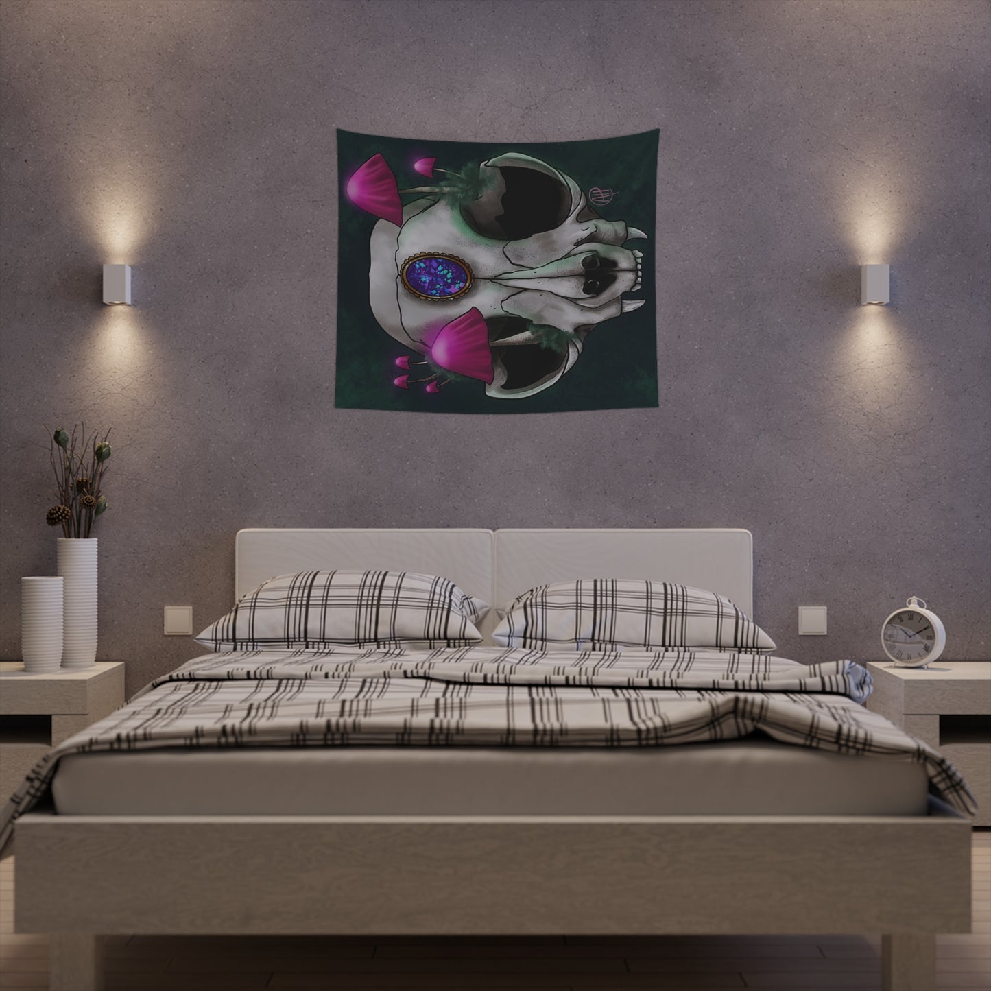 Mushroom Cat Skull Printed Wall Tapestry