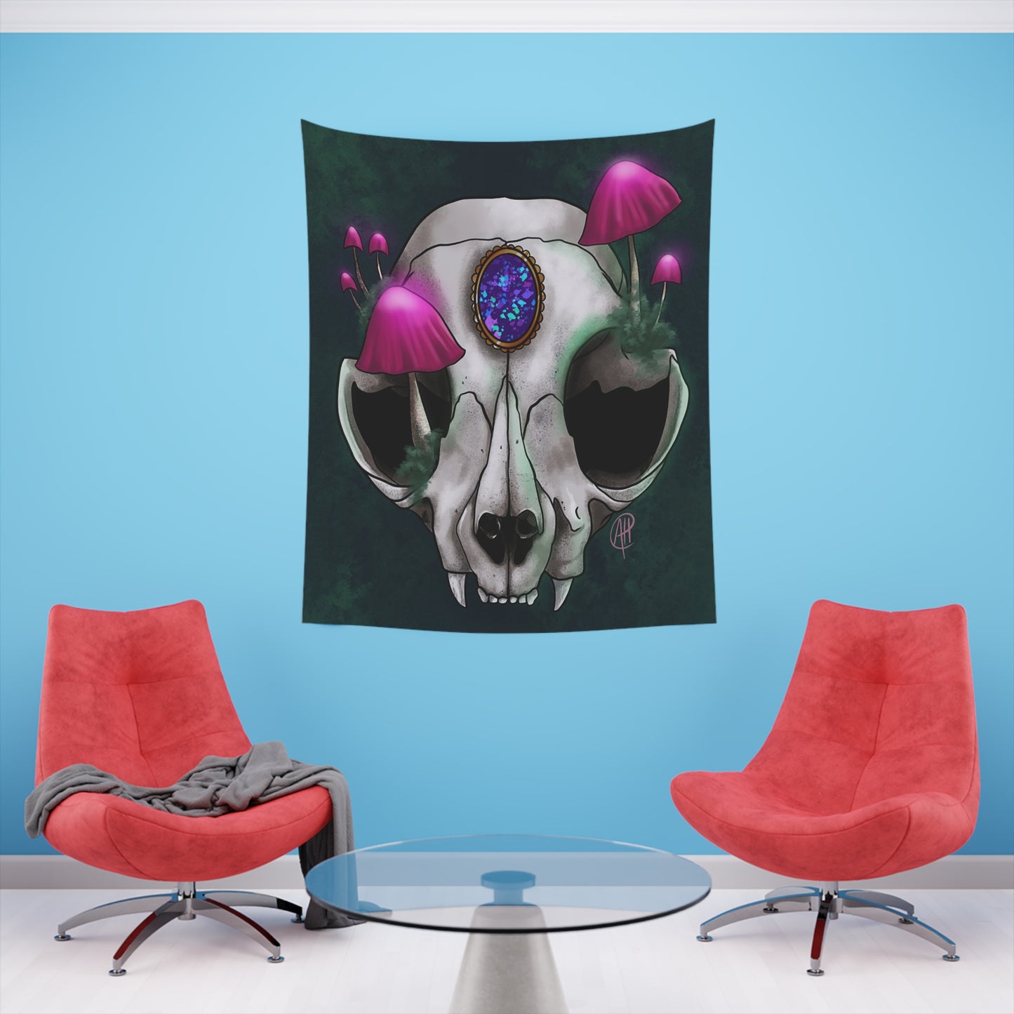 Mushroom Cat Skull Printed Wall Tapestry